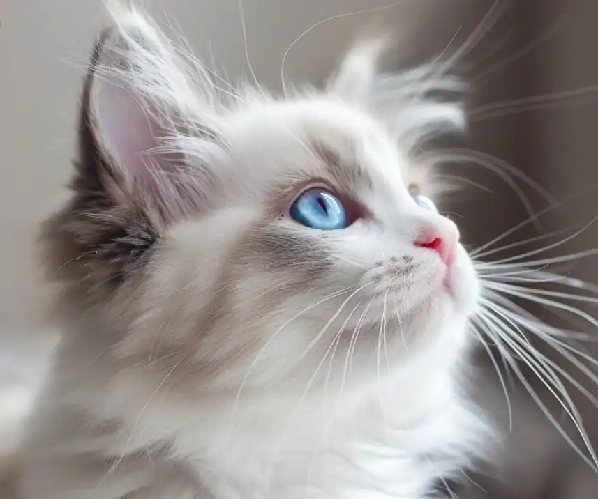 White kitten with blue eyes looking