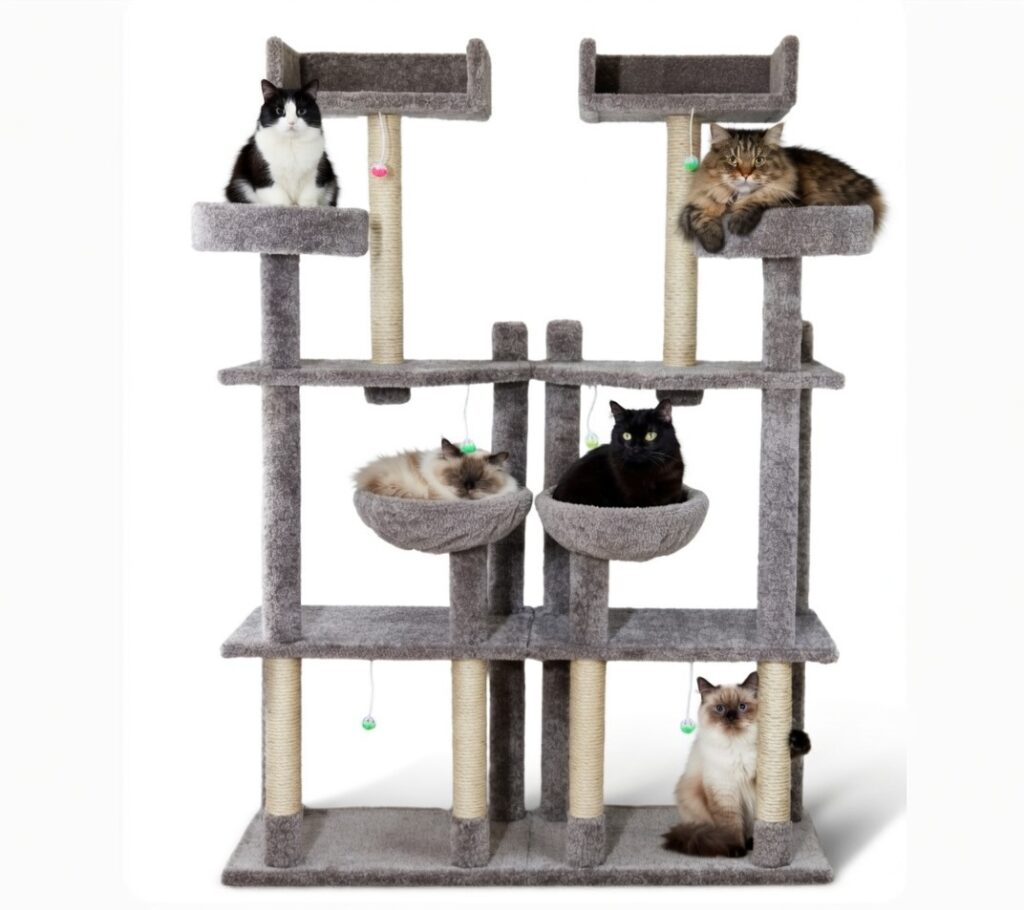 7 foot royal palace cat tower gym with multiple cats on it