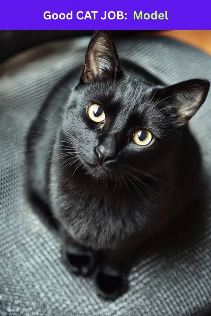 A sleek black cat with shiny fur and bright yellow eyes looks up at the camera while sitting on a textured gray surface. The image has a purple banner at the top with the text “Good CAT JOB: Model.”