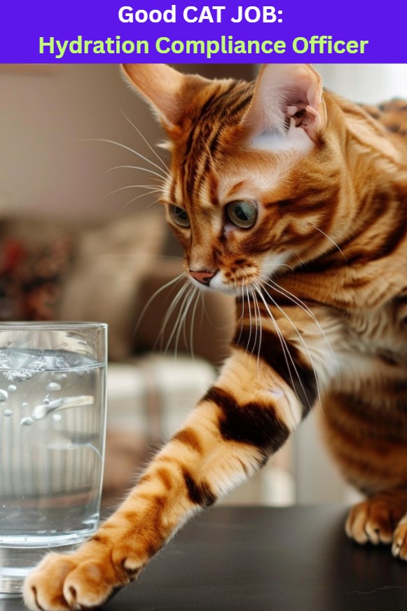 A bengal cat with paw stretched out moving a water glass with text: Good Cat Job: Hydration Compliance Officer