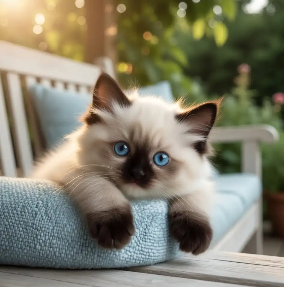 Fluffy blue-eyed kitten with dark ears, face, and paws resting on a light-blue cushion. Sunlit garden background.