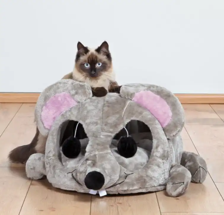 Siamese cat on top of a mouse like cat bed - Littlefield Cuddly Cat Cave