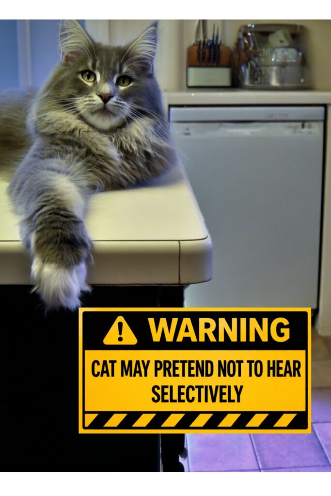 A fluffy gray long-haired cat lounges on the edge of a kitchen counter with one paw hanging over the side, looking calmly at the camera. Below, a bold yellow-and-black warning sign reads: “WARNING: CAT MAY PRETEND NOT TO HEAR SELECTIVELY.”