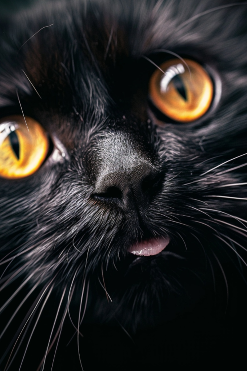 Close-up of a black cat’s face with glossy fur and bright golden eyes, its tiny pink tongue slightly sticking out in a goofy expression.