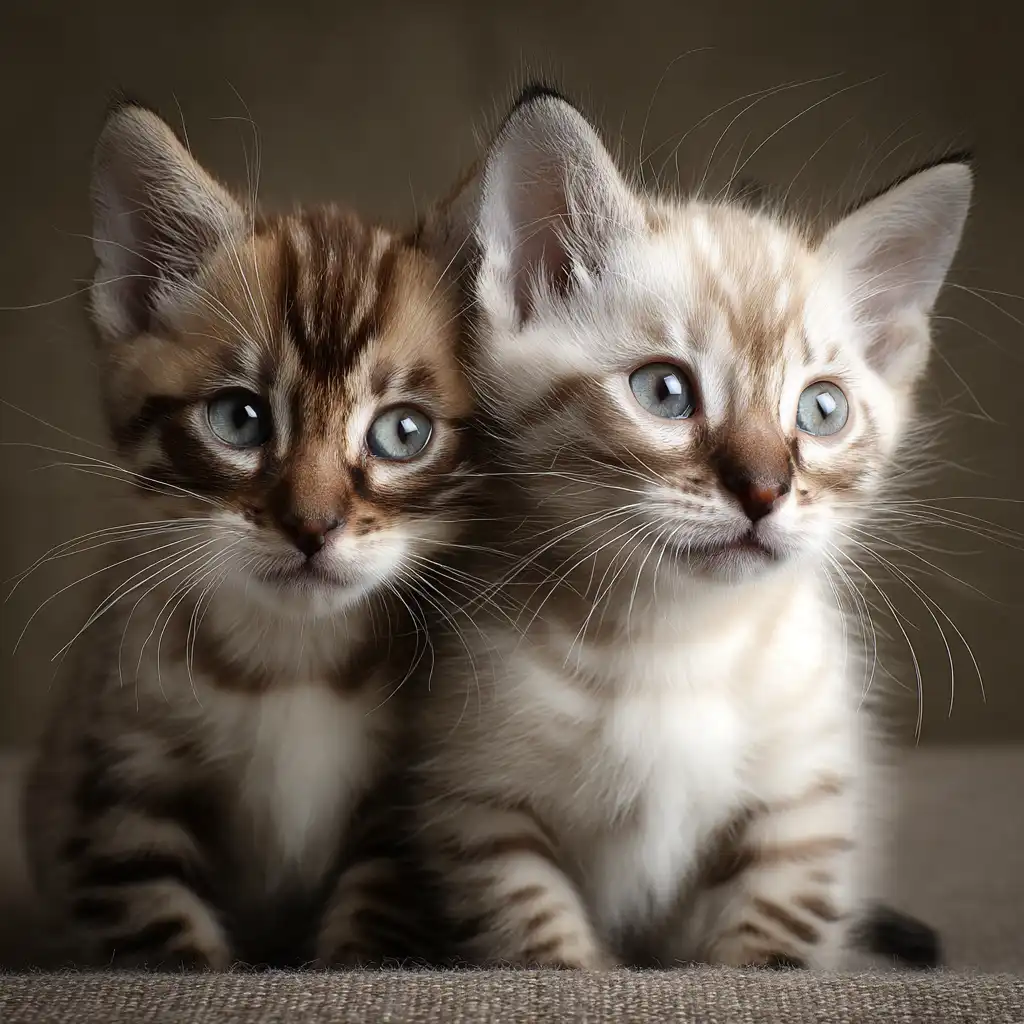 Two small kittens sit side by side, one with darker brown tabby markings and the other with lighter cream-and-tan stripes. Both have round blue eyes, upright ears, and soft fur, looking slightly off to the side with curious expressions against a neutral background.
