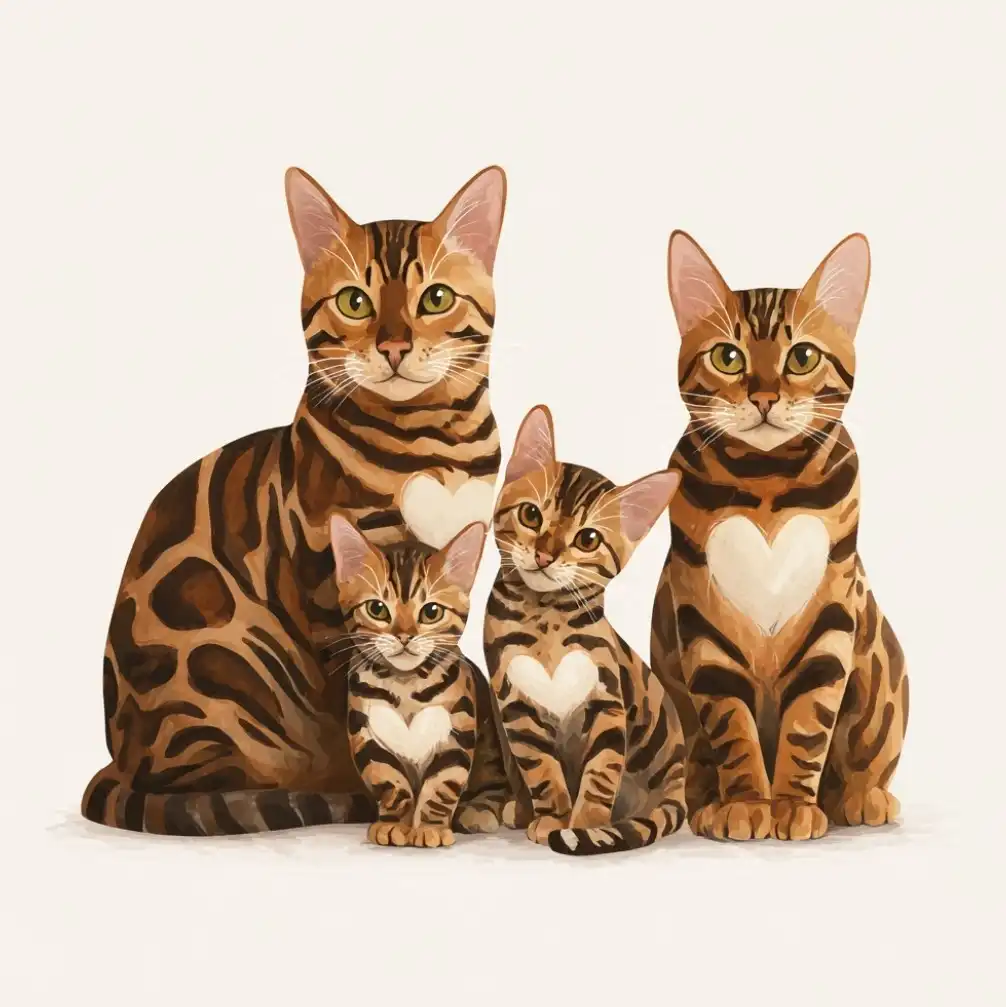 AI artwork of a cute Bengal cat family of four with hearts in the middle of their fur