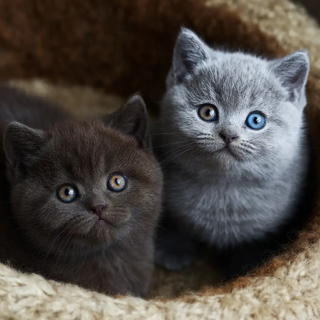 Two fluffy kittens—one chocolate brown and one gray with a striking blue eye—peek out from a cozy blanket, staring curiously.
