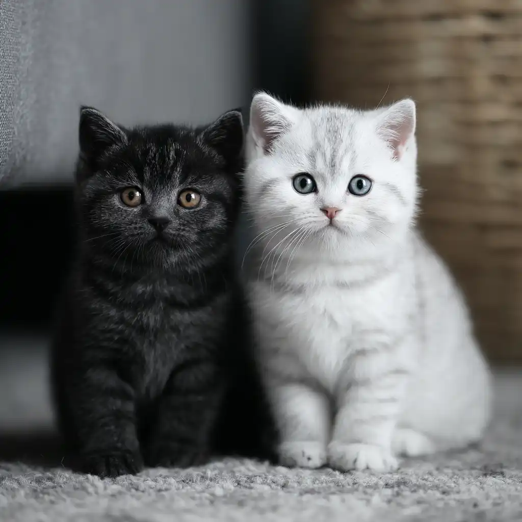 Two fluffy kittens—one black and one white—sit side by side on a soft carpet, gazing directly at the camera.