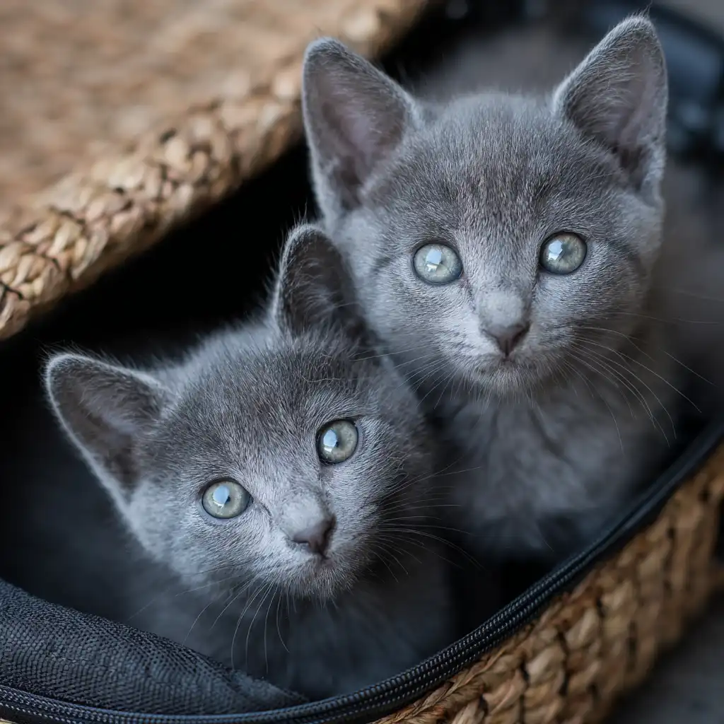 Two gray kittens with bright eyes snuggled together inside a woven basket, looking up curiously