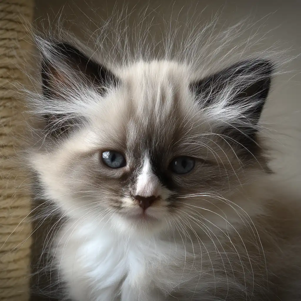 A close-up of a fluffy kitten with soft cream and gray fur, dark ears, and striking blue eyes. Its face has a white blaze down the nose, and its slightly tousled fur gives it a gentle, curious expression.