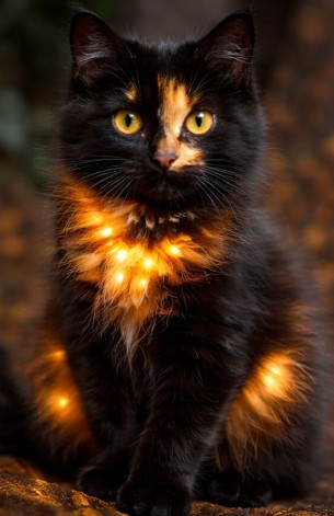 Black and orange cat with fire like colors beaming off his body
