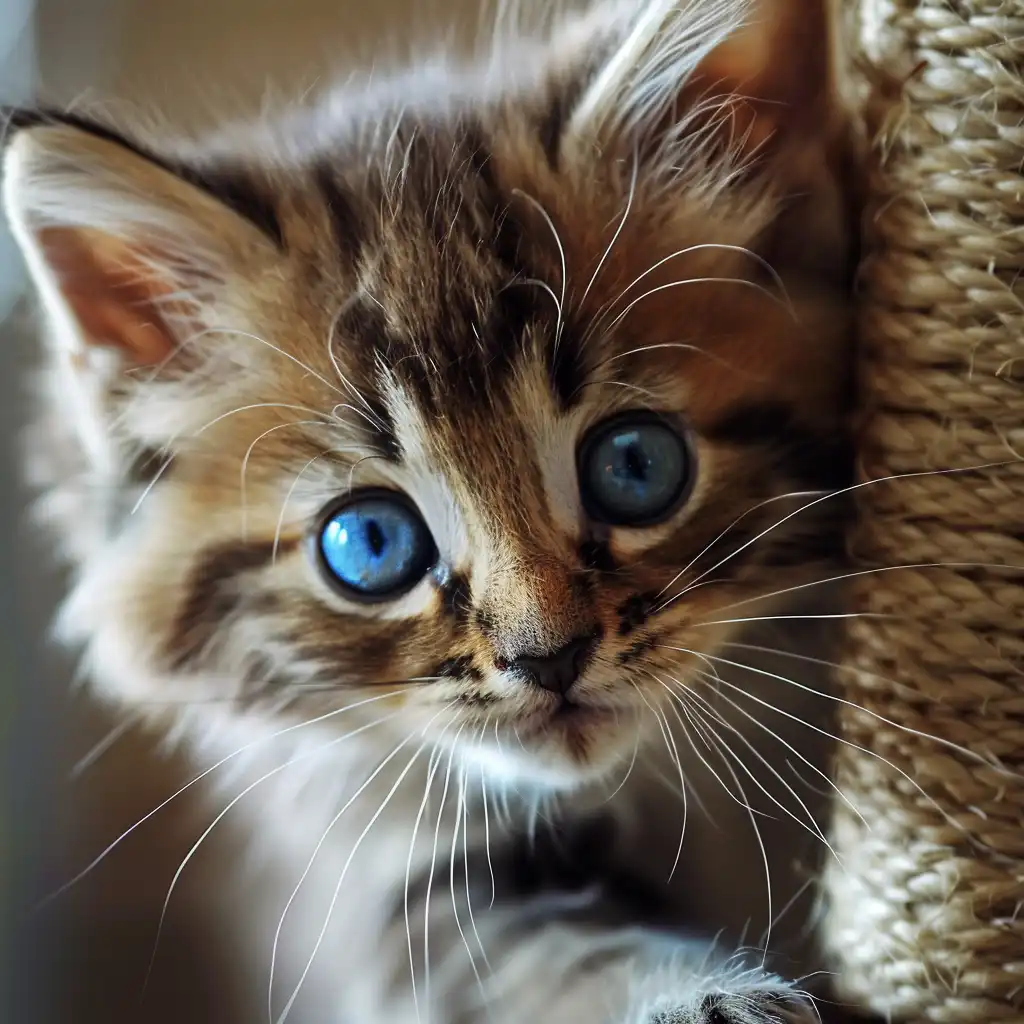 Adorable fluffy kitten with blue eyes in extreme close-up, paw on scratching post, soft natural light and cozy background.