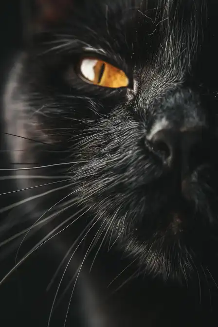 Close-up of a black cat’s face with intense golden eyes, showcasing detailed whiskers and sleek fur.