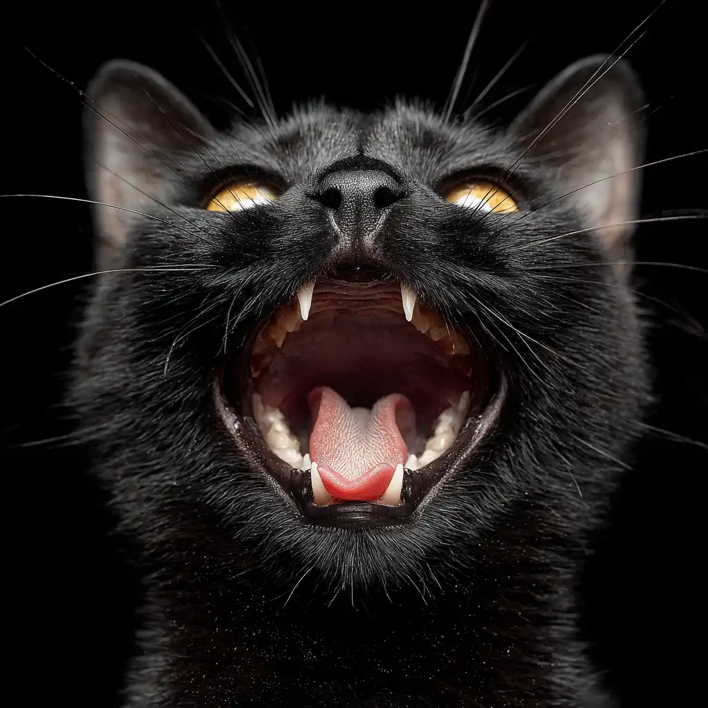 Black cat with glowing yellow eyes yawning wide, showing sharp teeth and pink tongue against a dark background. Dramatic close-up highlighting whiskers and open mouth.