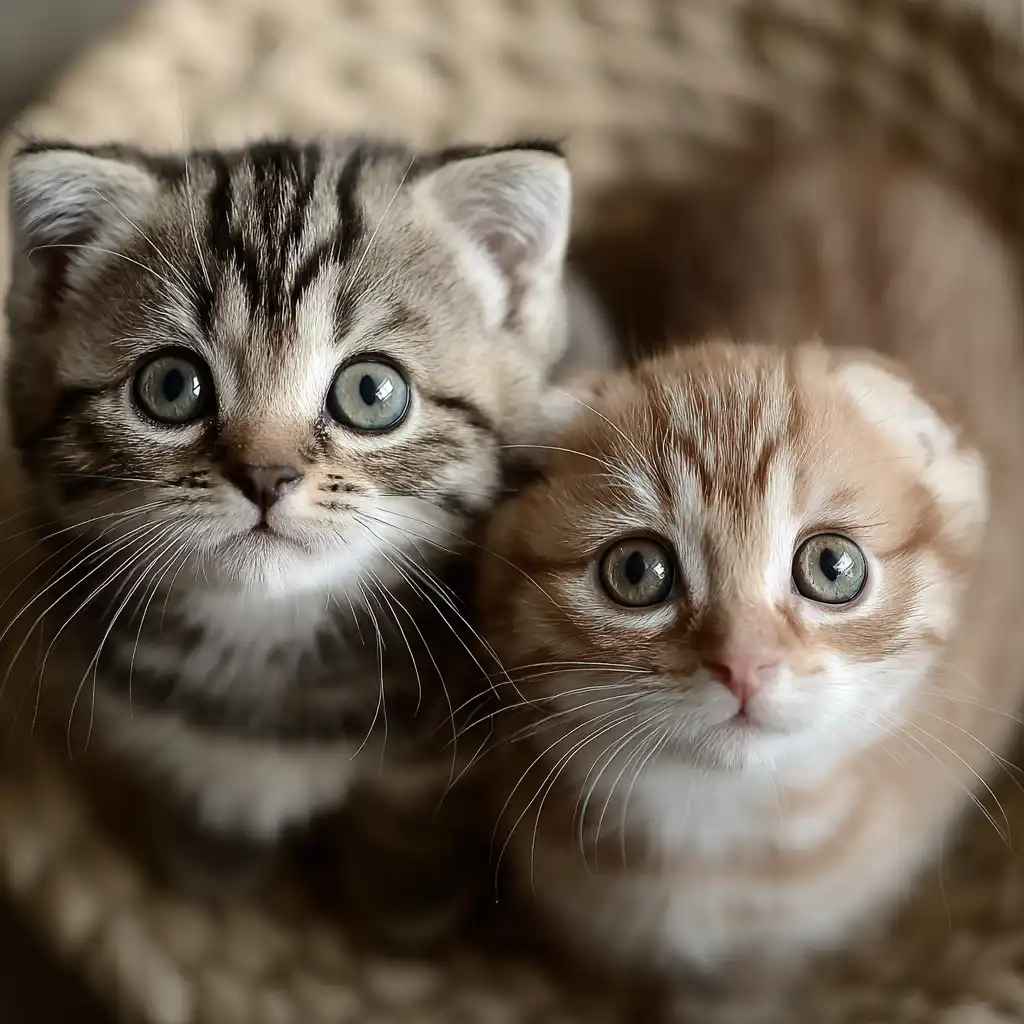 Two kittens sit close together, one a gray tabby with dark stripes and the other a light orange tabby, both with wide, round eyes and soft fur, gazing up attentively against a warm, textured background.