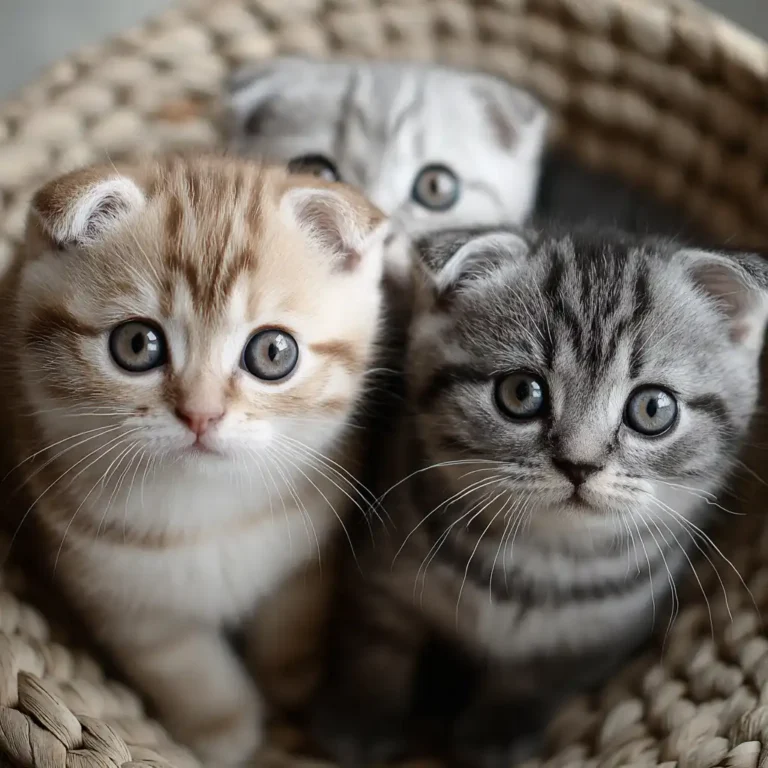 Three wide-eyed kittens cuddled together in a cozy woven basket, staring curiously at the camera.