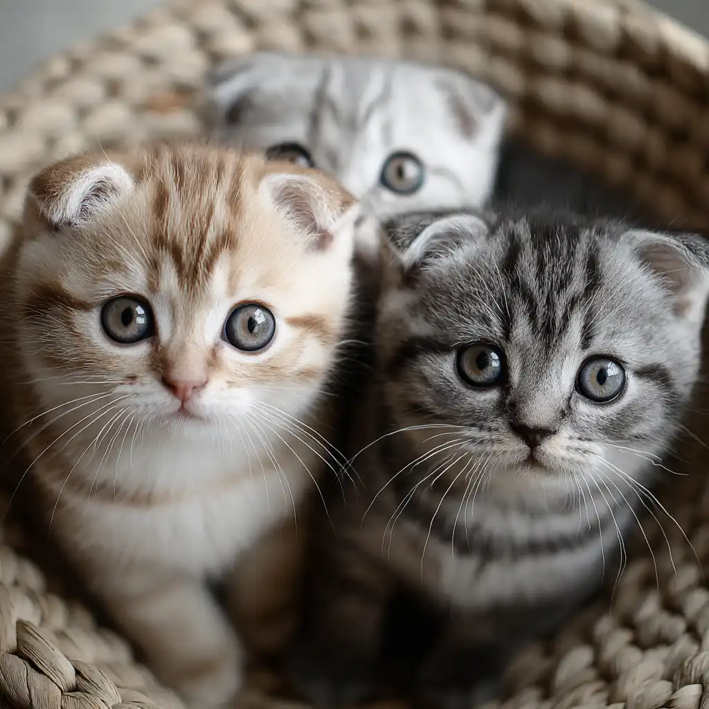 Three wide-eyed kittens cuddled together in a cozy woven basket, staring curiously at the camera.