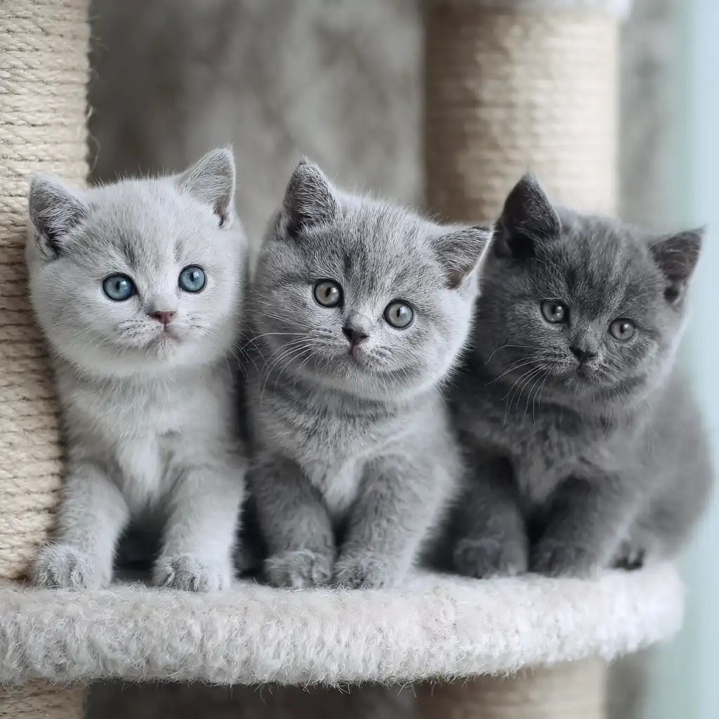 Three fluffy gray kittens sitting side by side on a cat tree, looking curiously at the camera.