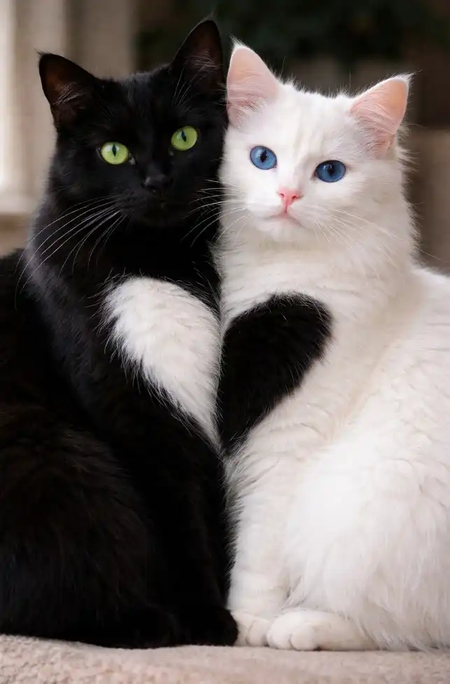 *I will describe this masterpiece accurately. Humans need context. Cats already understand.* 😼 **Alt text:** Two cats sit closely together, one black with green eyes and one white with blue eyes, their bodies touching so that contrasting fur patterns on their chests align to form a single heart shape. The black cat’s white chest marking creates one half of the heart, while the white cat’s darker marking forms the other half. Both cats face the camera with calm expressions, set against a softly blurred indoor background.