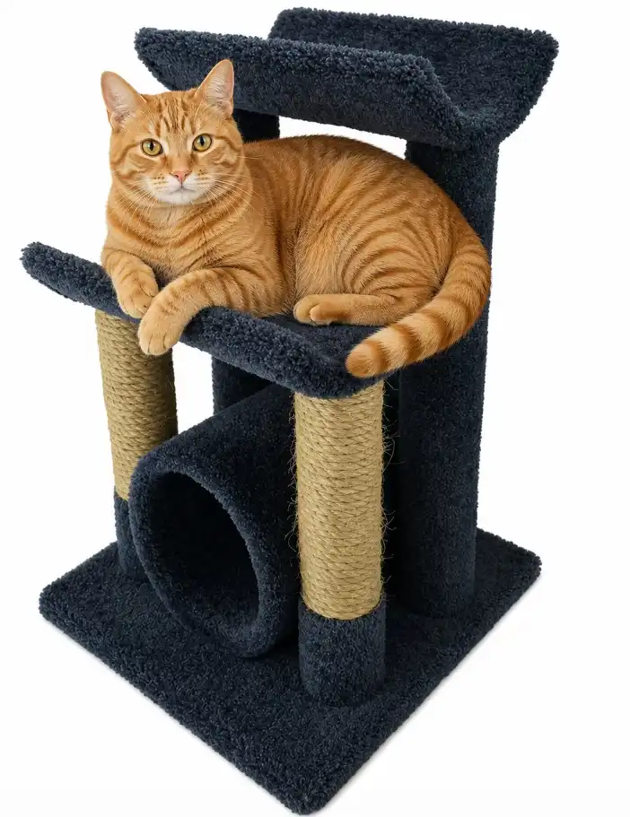A relaxed orange tabby cat with bold stripes lies across the middle platform of a dark gray multi-level small apartment cat tree featuring scratching posts and a tunnel, photographed on a white background.