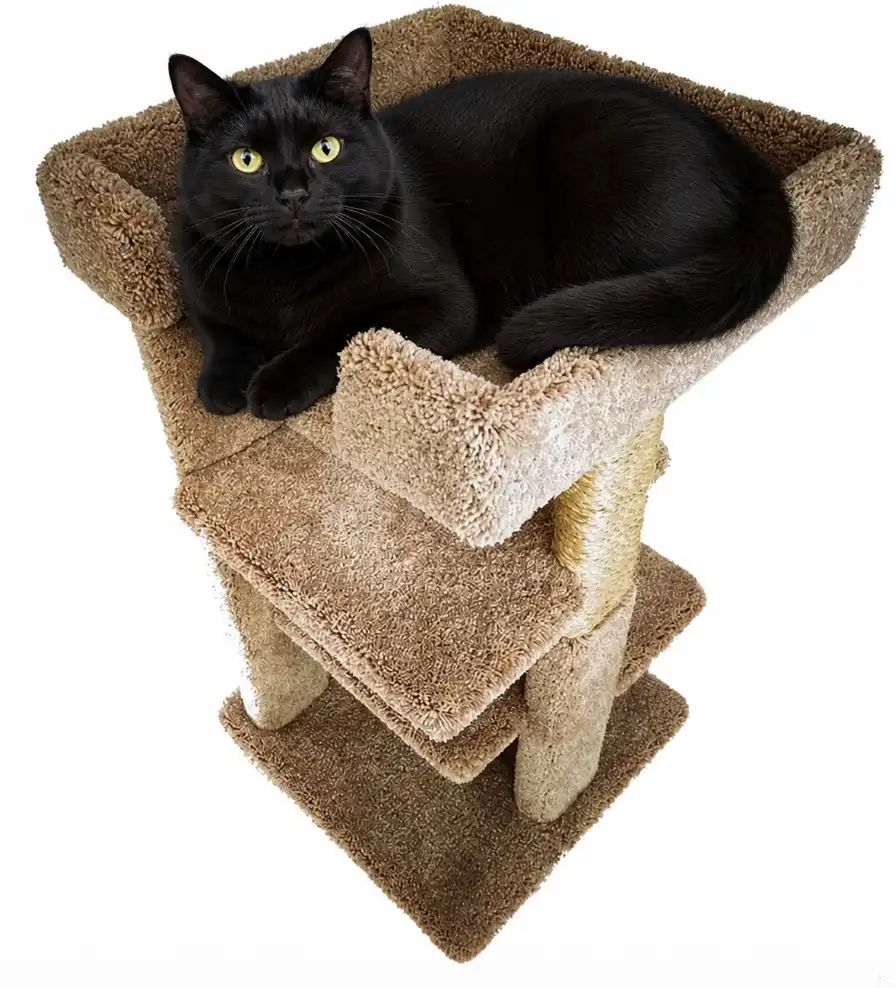 A sleek black Bombay cat with bright yellow-green eyes lounges on the top perch of a beige, carpeted multi-level cat tree, set against a clean white background.