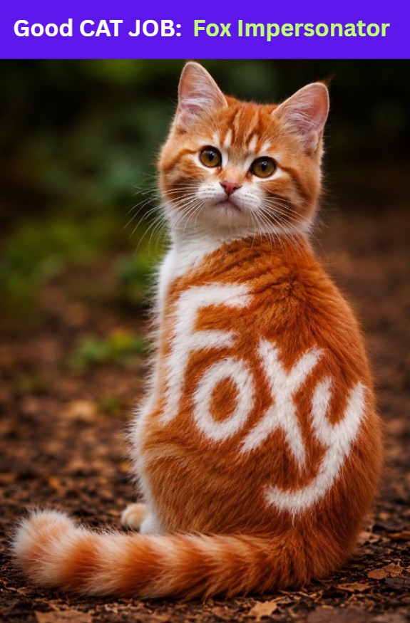 Good Cat Job: Fox Impersonator - an orange cat looking very similar to a fox with fur that says "foxy" within it