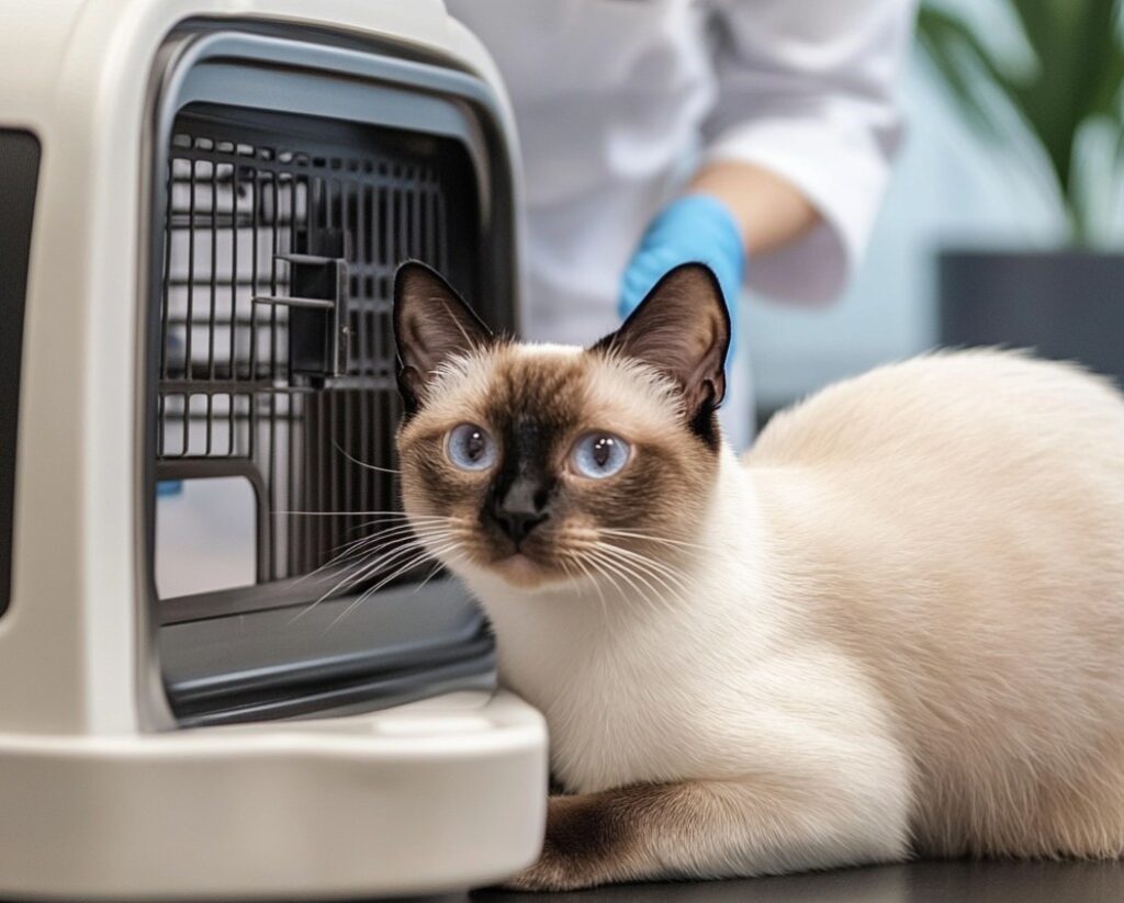 Siamese cat next to a cat carrier at the vet